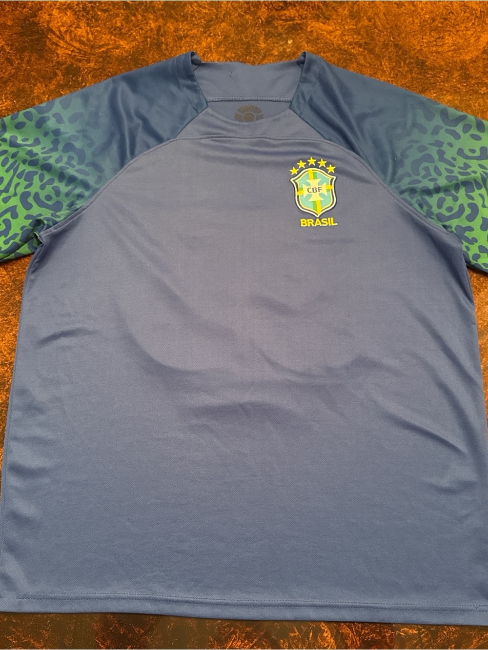 Brasil Men's Navy Football Jersey with cheetah Sleeves